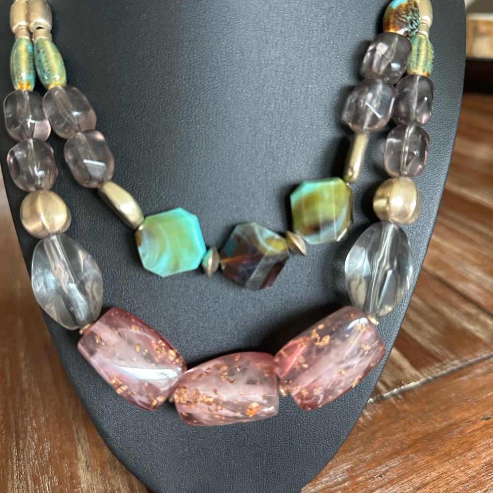 Chico's Layered Bead Necklace in Pink, Green and Smoky Gray